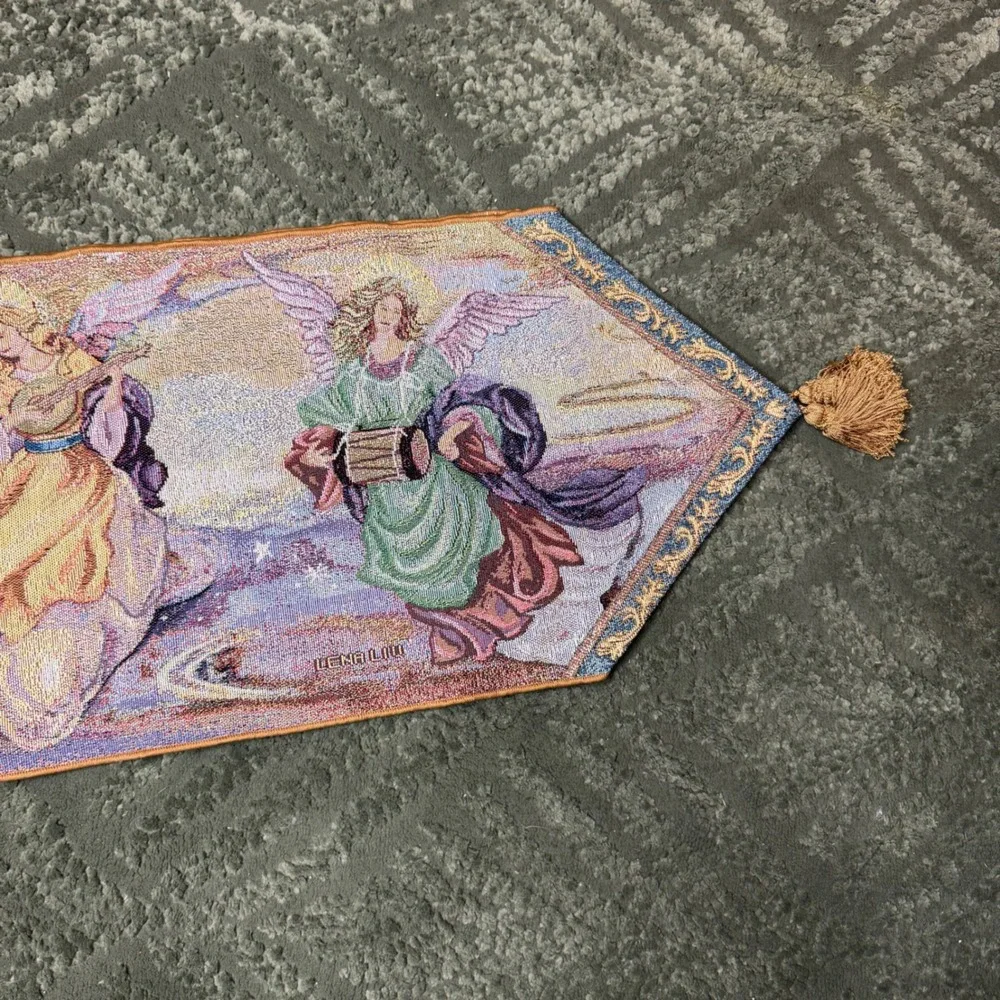 Lena Liu Angels Woven Tapestry Table Runner Tassels Glitter Whimsigoth Vintage